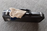 Frenchie shown attached to a musical instrument case.