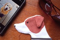 Smudge Dog with glasses and smart phone, two of the items it can clean.