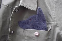 Dog shaped cloth peeking out of a jean jacket pocket.