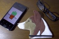Smudge Dog with smart phone and glasses.