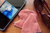 Smudge Dog with smart phone and glasses.