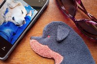Smudge Dog with smart phone and glasses.