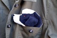 Smudge Dog peeking out of jean jacket pocket