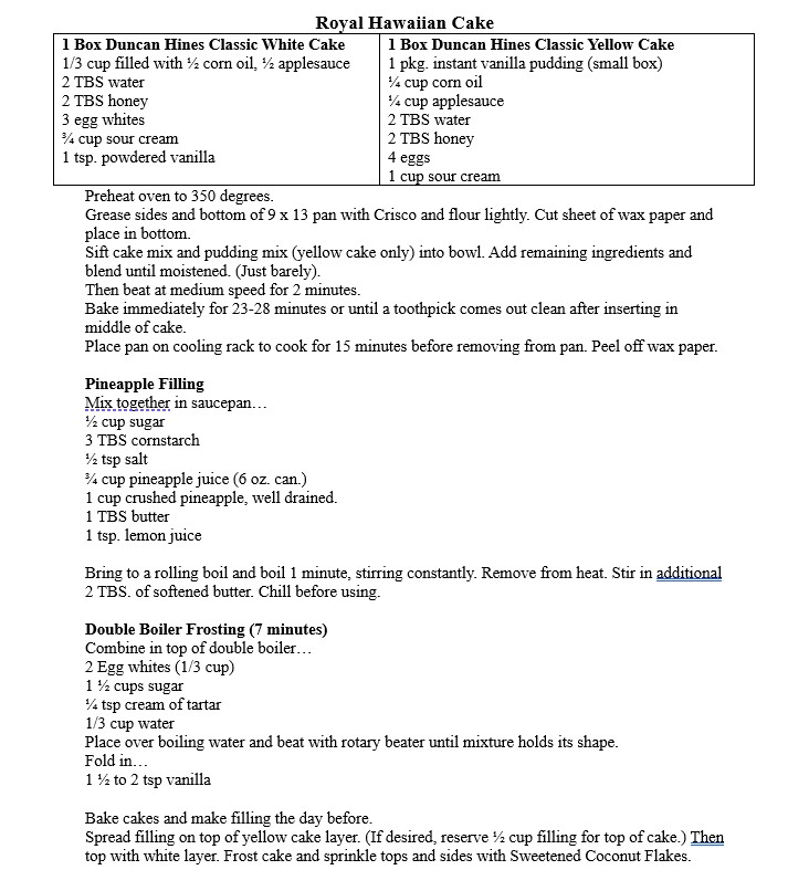 Recipe for Royal Hawaiian Cake