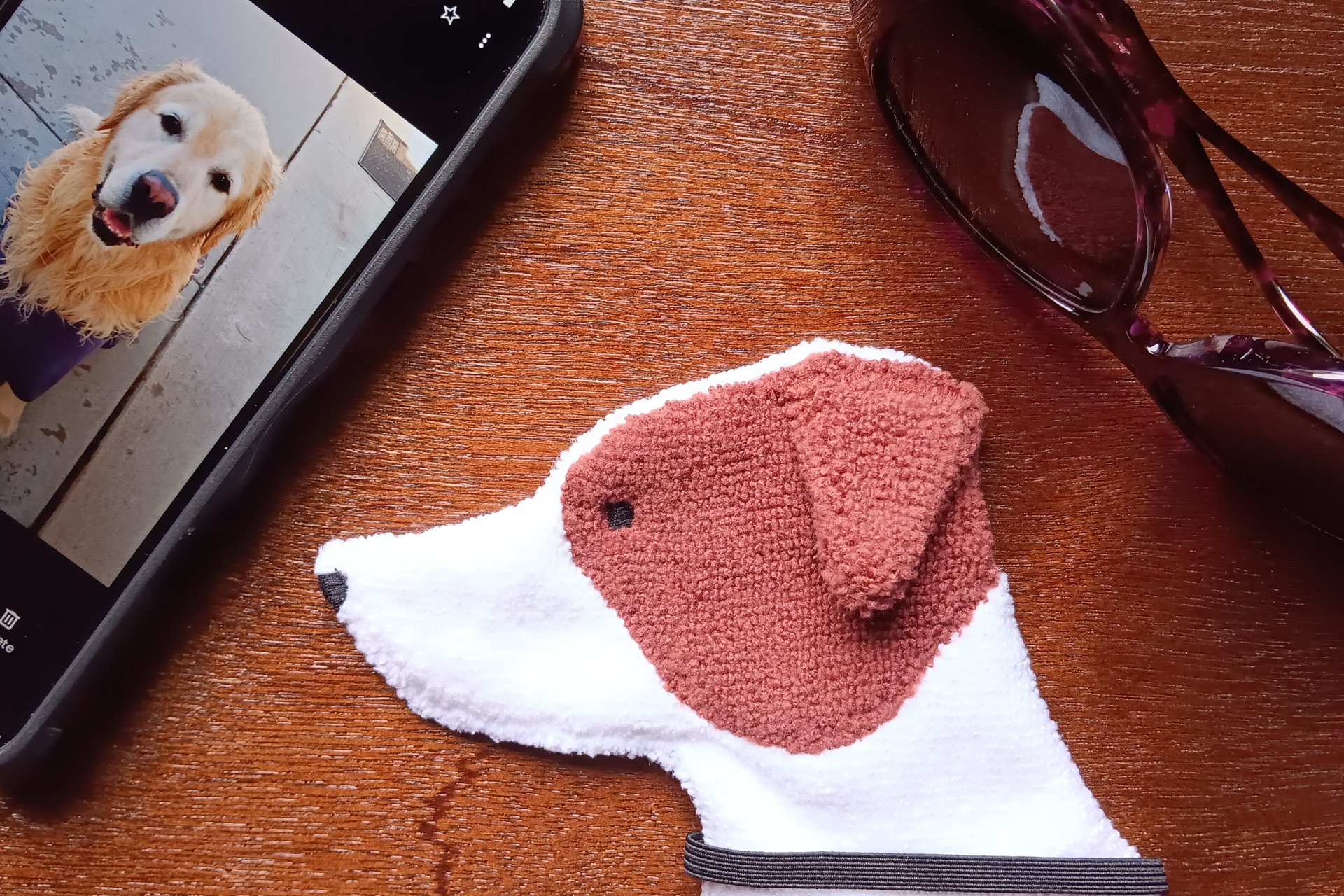 Smudge Dog with glasses and smart phone, two of the items it can clean.